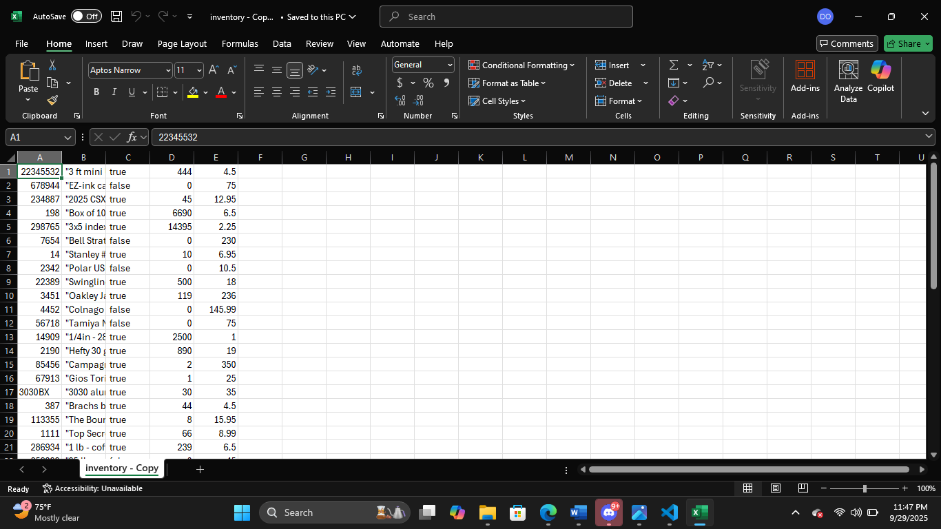 inventory.csv opened in Excel, example view
